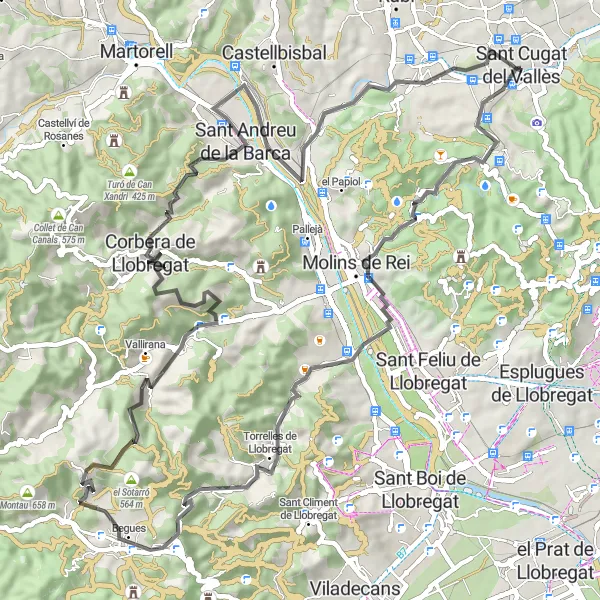 Map miniature of "Road Cycling to Sant Andreu de la Barca" cycling inspiration in Cataluña, Spain. Generated by Tarmacs.app cycling route planner