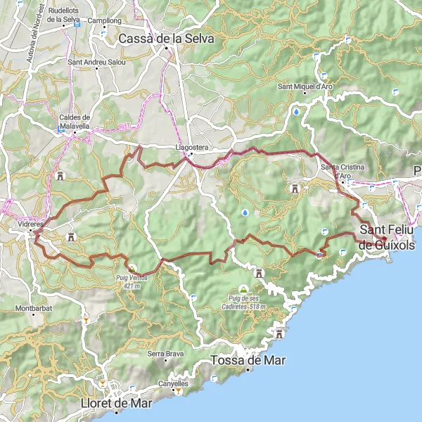 Map miniature of "Gravel Route from Sant Feliu de Guíxols" cycling inspiration in Cataluña, Spain. Generated by Tarmacs.app cycling route planner