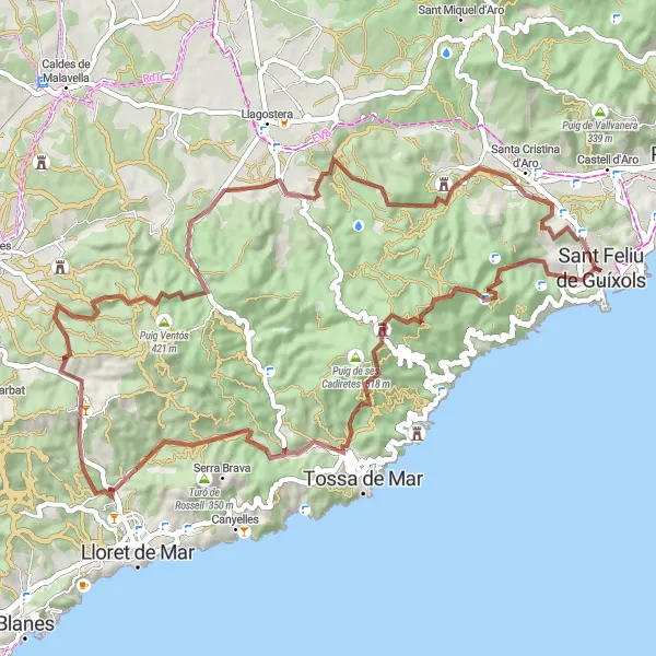 Miniatuurkaart van de fietsinspiratie "Avonturentocht naar Montagut en Roca Rodona" in Cataluña, Spain. Gemaakt door de Tarmacs.app fietsrouteplanner