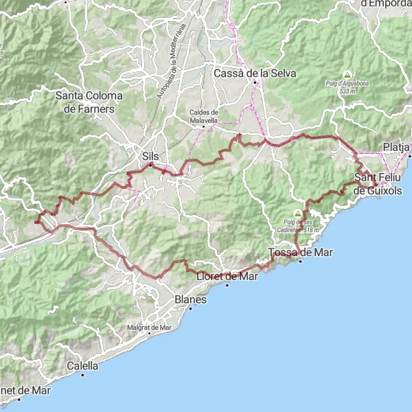 Map miniature of "Coastal Gravel Discovery" cycling inspiration in Cataluña, Spain. Generated by Tarmacs.app cycling route planner