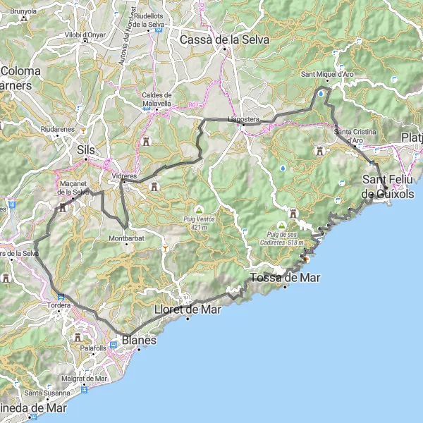 Miniature de la carte de l'inspiration cycliste "Tour de la Costa Brava" dans la Cataluña, Spain. Générée par le planificateur d'itinéraire cycliste Tarmacs.app