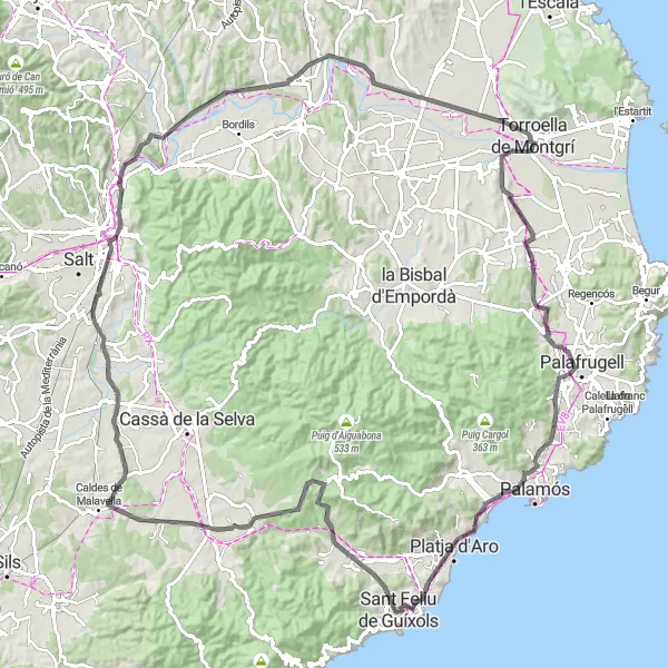 Miniaturní mapa "Sant Feliu - Girona loop via Colomers" inspirace pro cyklisty v oblasti Cataluña, Spain. Vytvořeno pomocí plánovače tras Tarmacs.app