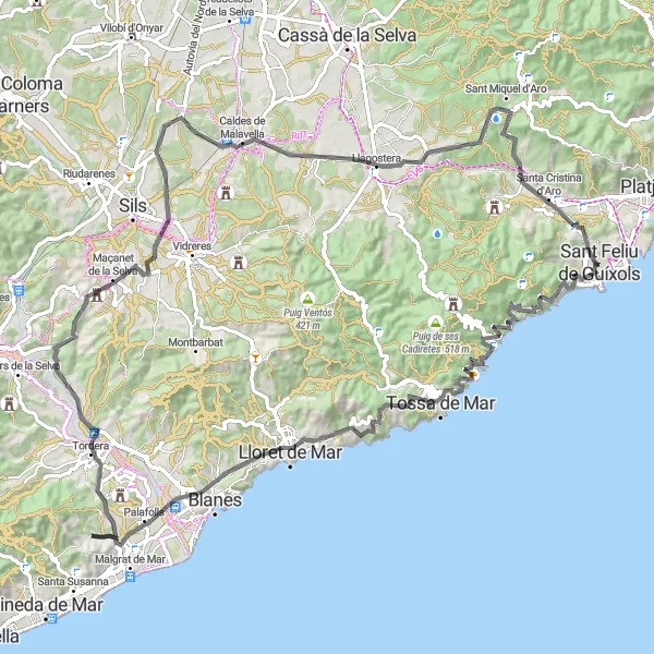 Miniatua del mapa de inspiración ciclista "Ruta Escénica con Vista a Palafolls" en Cataluña, Spain. Generado por Tarmacs.app planificador de rutas ciclistas