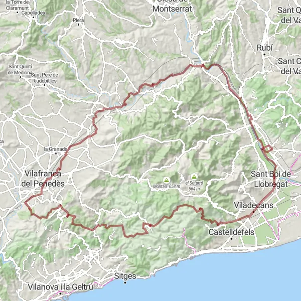 Miniatuurkaart van de fietsinspiratie "Avontuurlijke gravelroute naar Moja en Martorell" in Cataluña, Spain. Gemaakt door de Tarmacs.app fietsrouteplanner