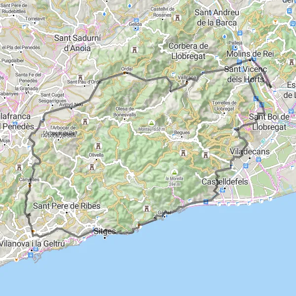 Miniatura della mappa di ispirazione al ciclismo "Corsa in bicicletta tra Sant Feliu de Llobregat e Sitges" nella regione di Cataluña, Spain. Generata da Tarmacs.app, pianificatore di rotte ciclistiche