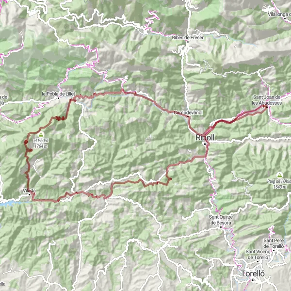 Miniaturní mapa "Gravel Turó de les Tres Creus Round-trip" inspirace pro cyklisty v oblasti Cataluña, Spain. Vytvořeno pomocí plánovače tras Tarmacs.app