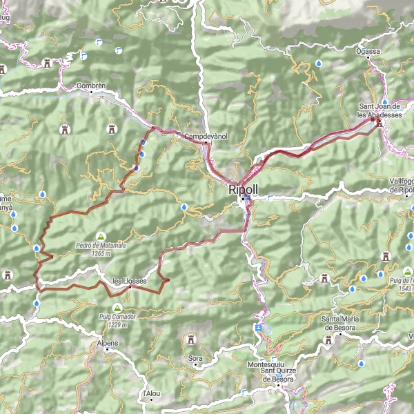 Miniatua del mapa de inspiración ciclista "Ruta en bicicleta de grava cerca de Sant Joan de les Abadesses" en Cataluña, Spain. Generado por Tarmacs.app planificador de rutas ciclistas