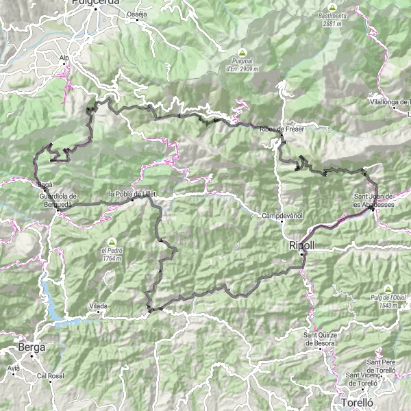 Miniature de la carte de l'inspiration cycliste "Traversée des Pyrénées catalanes" dans la Cataluña, Spain. Générée par le planificateur d'itinéraire cycliste Tarmacs.app