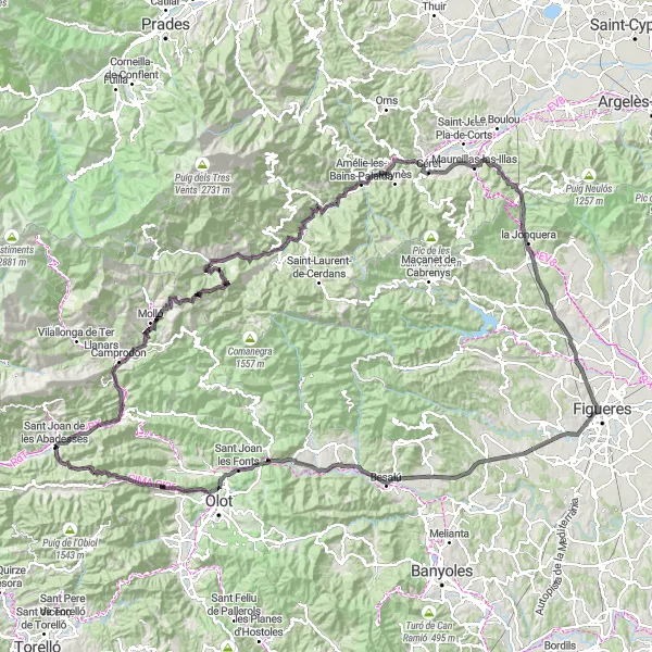 Miniature de la carte de l'inspiration cycliste "La route des cols catalans" dans la Cataluña, Spain. Générée par le planificateur d'itinéraire cycliste Tarmacs.app