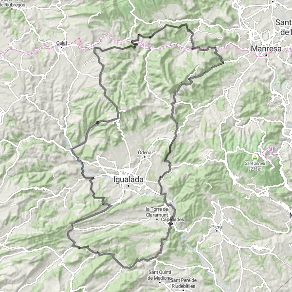 Miniature de la carte de l'inspiration cycliste "Route des châteaux et des panoramas de l'Alt Penedès" dans la Cataluña, Spain. Générée par le planificateur d'itinéraire cycliste Tarmacs.app