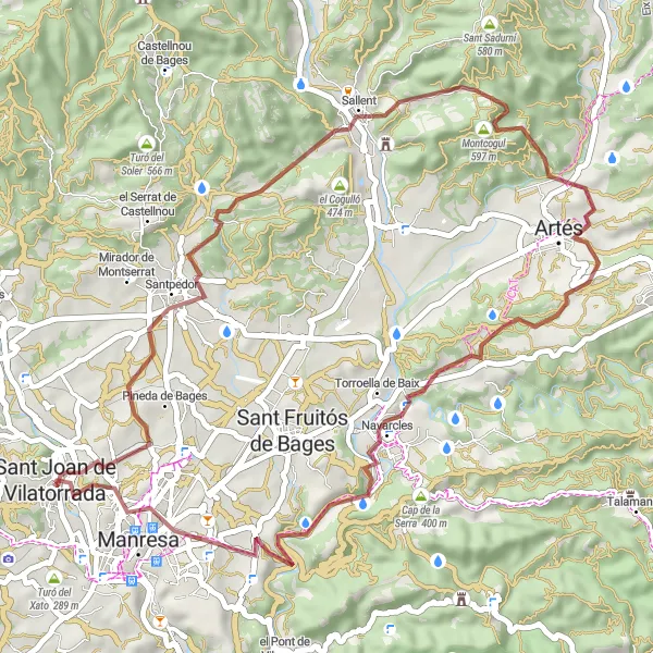 Miniatura della mappa di ispirazione al ciclismo "Avventure collinari a Sant Joan de Vilatorrada" nella regione di Cataluña, Spain. Generata da Tarmacs.app, pianificatore di rotte ciclistiche