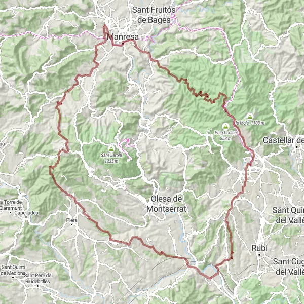 Miniaturní mapa "Gravelový okruh kolem Puig Cardener" inspirace pro cyklisty v oblasti Cataluña, Spain. Vytvořeno pomocí plánovače tras Tarmacs.app