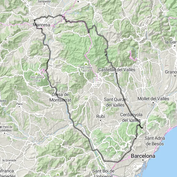 Miniaturekort af cykelinspirationen "Bjergtagende rute fra Sant Joan de Vilatorrada" i Cataluña, Spain. Genereret af Tarmacs.app cykelruteplanlægger