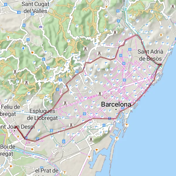 Miniature de la carte de l'inspiration cycliste "Boucle gravel du Mont Tàber" dans la Cataluña, Spain. Générée par le planificateur d'itinéraire cycliste Tarmacs.app