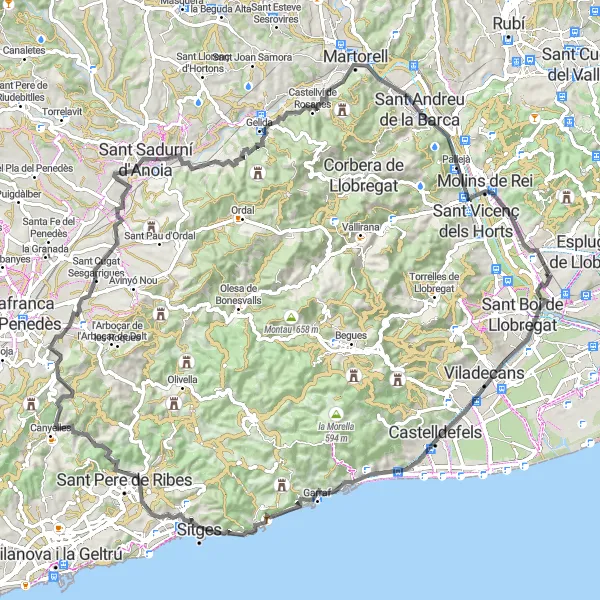 Miniaturní mapa "Road Cycling Adventure through Garraf Mountains" inspirace pro cyklisty v oblasti Cataluña, Spain. Vytvořeno pomocí plánovače tras Tarmacs.app