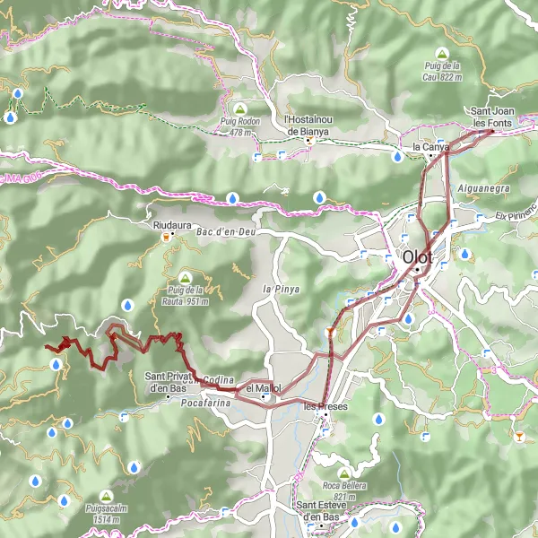 Map miniature of "Gravel Adventure in Olot" cycling inspiration in Cataluña, Spain. Generated by Tarmacs.app cycling route planner