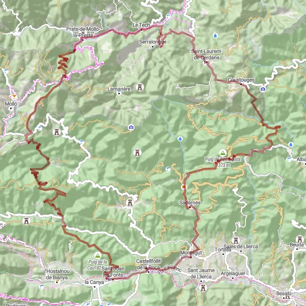 Miniatua del mapa de inspiración ciclista "Desafío de ciclismo de grava desde Sant Joan les Fonts" en Cataluña, Spain. Generado por Tarmacs.app planificador de rutas ciclistas