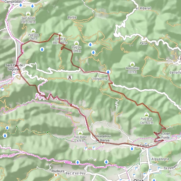 Miniatua del mapa de inspiración ciclista "l'Hostalnou de Bianya to Sant Joan les Fonts (Gravel)" en Cataluña, Spain. Generado por Tarmacs.app planificador de rutas ciclistas