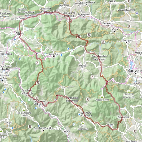 Map miniature of "Gravel Adventures: Sant Joan les Fonts Loop" cycling inspiration in Cataluña, Spain. Generated by Tarmacs.app cycling route planner