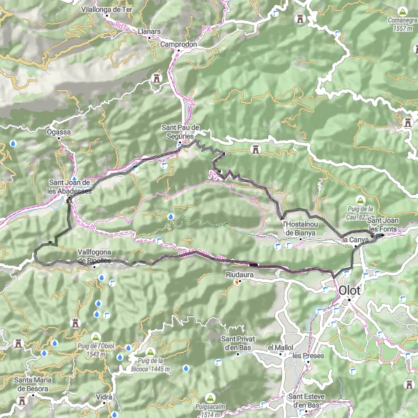 Miniatura della mappa di ispirazione al ciclismo "Giro ciclistico da Sant Joan les Fonts a Sant Joan les Fonts" nella regione di Cataluña, Spain. Generata da Tarmacs.app, pianificatore di rotte ciclistiche