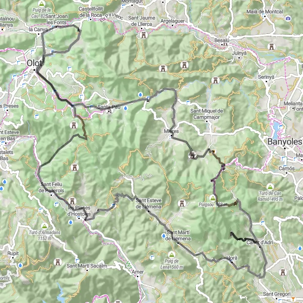 Miniatua del mapa de inspiración ciclista "Ruta de ciclismo de carretera por Sant Joan les Fonts" en Cataluña, Spain. Generado por Tarmacs.app planificador de rutas ciclistas