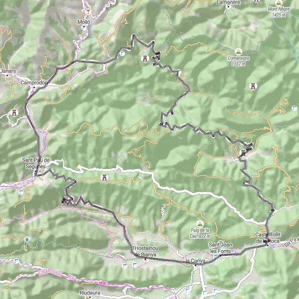 Miniatua del mapa de inspiración ciclista "l'Hostalnou de Bianya to Sant Joan les Fonts" en Cataluña, Spain. Generado por Tarmacs.app planificador de rutas ciclistas