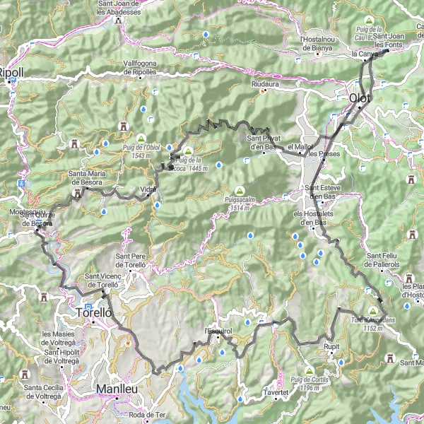 Miniatura della mappa di ispirazione al ciclismo "Giro ciclistico da Sant Joan les Fonts a Mirador Alèxia Putellas" nella regione di Cataluña, Spain. Generata da Tarmacs.app, pianificatore di rotte ciclistiche