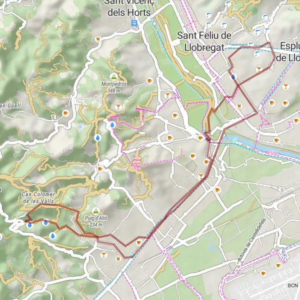 Miniaturní mapa "Gravel ride around Sant Just Desvern" inspirace pro cyklisty v oblasti Cataluña, Spain. Vytvořeno pomocí plánovače tras Tarmacs.app