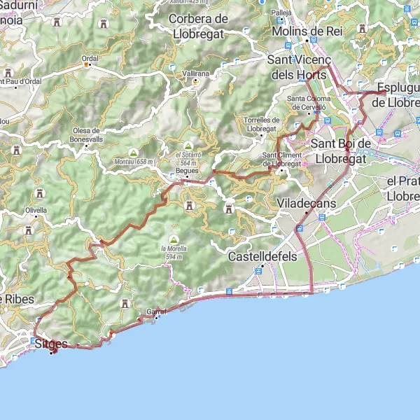 Miniatua del mapa de inspiración ciclista "Excursión Gravel desde Sant Just Desvern a Sitges" en Cataluña, Spain. Generado por Tarmacs.app planificador de rutas ciclistas