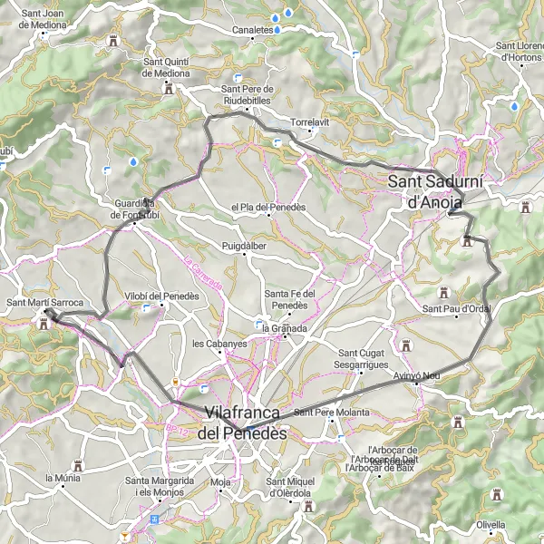 Map miniature of "Scenic road cycling loop from Sant Martí Sarroca" cycling inspiration in Cataluña, Spain. Generated by Tarmacs.app cycling route planner