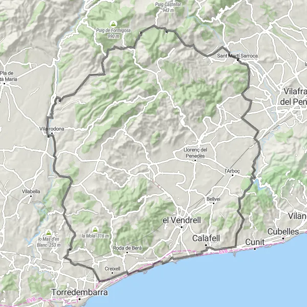 Miniatuurkaart van de fietsinspiratie "Avontuurlijke fietsroute bij Sant Martí Sarroca" in Cataluña, Spain. Gemaakt door de Tarmacs.app fietsrouteplanner