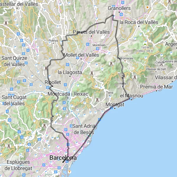 Miniatura della mappa di ispirazione al ciclismo "Viaggio in bicicletta tra colline e paesaggi marini" nella regione di Cataluña, Spain. Generata da Tarmacs.app, pianificatore di rotte ciclistiche