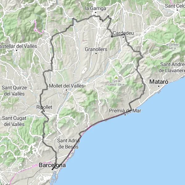 Miniaturekort af cykelinspirationen "Barcelona til Mont Tàber Vejcykelrute" i Cataluña, Spain. Genereret af Tarmacs.app cykelruteplanlægger
