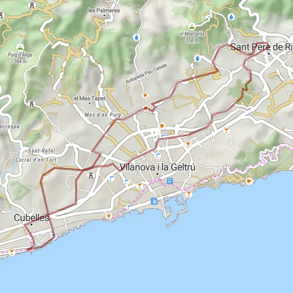 Miniaturní mapa "Gravelový výlet kolem Sant Pere de Ribes" inspirace pro cyklisty v oblasti Cataluña, Spain. Vytvořeno pomocí plánovače tras Tarmacs.app