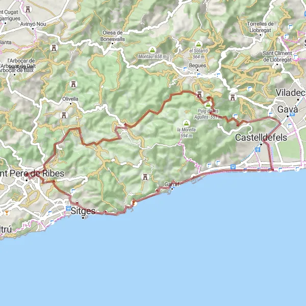 Miniaturní mapa "Scenic Gravel Adventure to Sitges" inspirace pro cyklisty v oblasti Cataluña, Spain. Vytvořeno pomocí plánovače tras Tarmacs.app