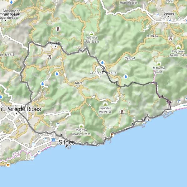 Miniatua del mapa de inspiración ciclista "Ruta de montaña a los impresionantes paisajes del Garraf" en Cataluña, Spain. Generado por Tarmacs.app planificador de rutas ciclistas