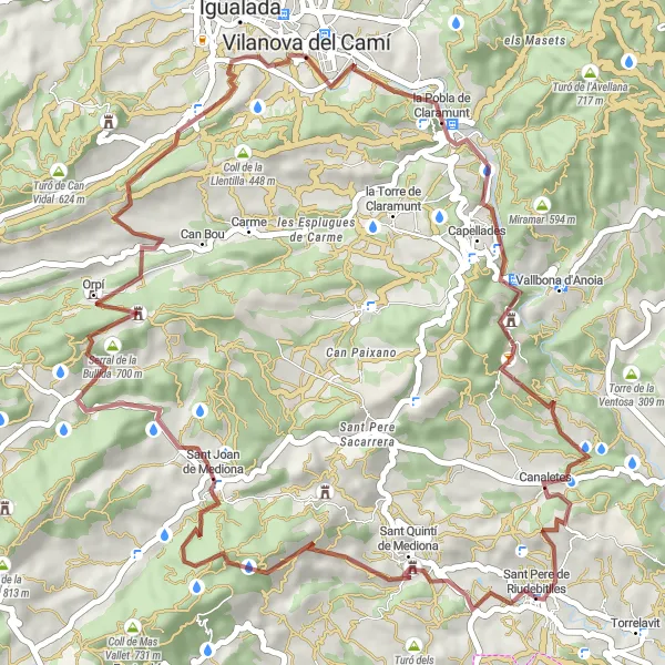 Map miniature of "Turó de les Clivelleres and Serral de la Bullida Gravel Loop" cycling inspiration in Cataluña, Spain. Generated by Tarmacs.app cycling route planner