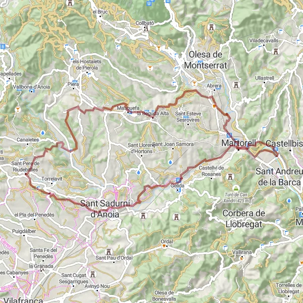 Miniatuurkaart van de fietsinspiratie "Gravelavontuur in de regio Anoia" in Cataluña, Spain. Gemaakt door de Tarmacs.app fietsrouteplanner