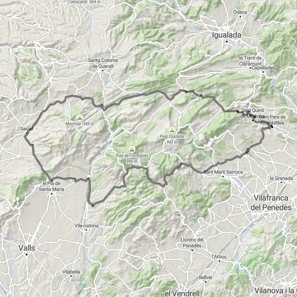 Miniatua del mapa de inspiración ciclista "Coll de Cabra and Santes Creus Road Route" en Cataluña, Spain. Generado por Tarmacs.app planificador de rutas ciclistas