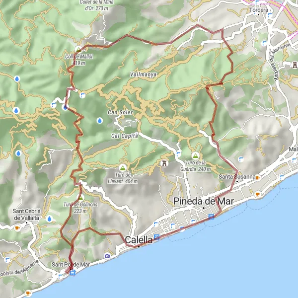 Miniaturekort af cykelinspirationen "Gruscykling fra Sant Pol de Mar til Calella" i Cataluña, Spain. Genereret af Tarmacs.app cykelruteplanlægger