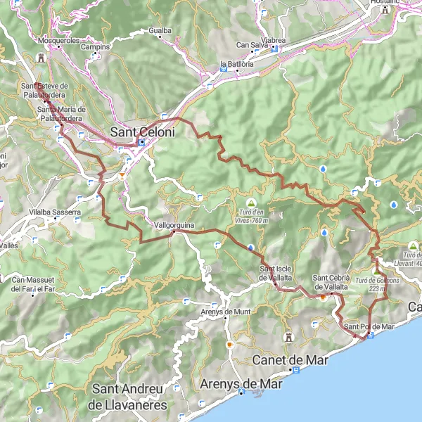 Miniaturní mapa "Cyklovýlet kolem Sant Pol de Mar: Přírodní panoramata a historická sídla" inspirace pro cyklisty v oblasti Cataluña, Spain. Vytvořeno pomocí plánovače tras Tarmacs.app