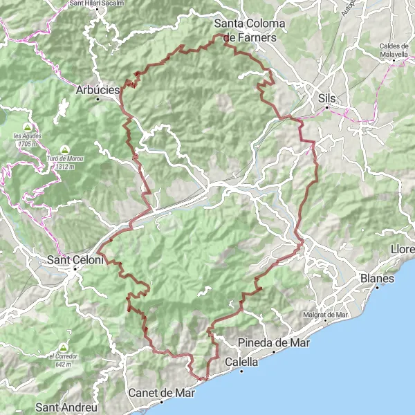 Miniatua del mapa de inspiración ciclista "Ruta de Grava desde Sant Pol de Mar" en Cataluña, Spain. Generado por Tarmacs.app planificador de rutas ciclistas