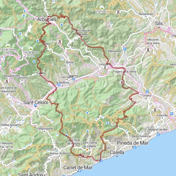 Miniaturní mapa "Gravel výlet krajinnou rezervací kolem Sant Pol de Mar" inspirace pro cyklisty v oblasti Cataluña, Spain. Vytvořeno pomocí plánovače tras Tarmacs.app