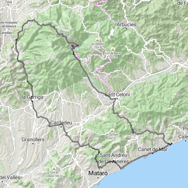Miniature de la carte de l'inspiration cycliste "Le Tour des Montagnes de l'Arrière-pays Catalán" dans la Cataluña, Spain. Générée par le planificateur d'itinéraire cycliste Tarmacs.app