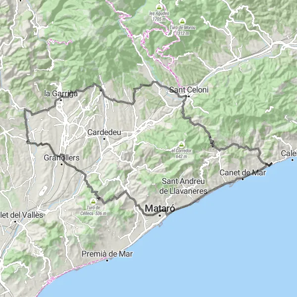 Miniatua del mapa de inspiración ciclista "Cumbres y Paisajes del Maresme" en Cataluña, Spain. Generado por Tarmacs.app planificador de rutas ciclistas