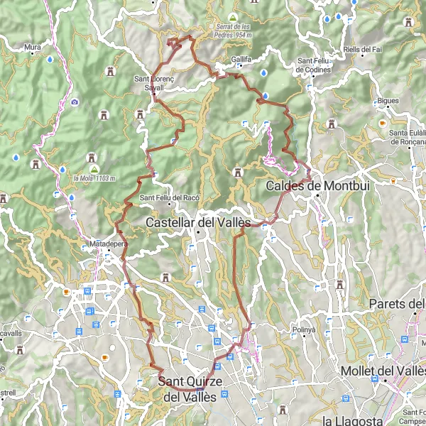 Miniatura della mappa di ispirazione al ciclismo "Percorso in bicicletta su strade sterrate da Sant Quirze del Vallès" nella regione di Cataluña, Spain. Generata da Tarmacs.app, pianificatore di rotte ciclistiche