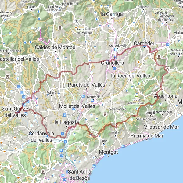 Miniatura della mappa di ispirazione al ciclismo "Avventura Epica in Gravel tra Sant Quirze del Vallès e Sant Fost de Campsentelles" nella regione di Cataluña, Spain. Generata da Tarmacs.app, pianificatore di rotte ciclistiche