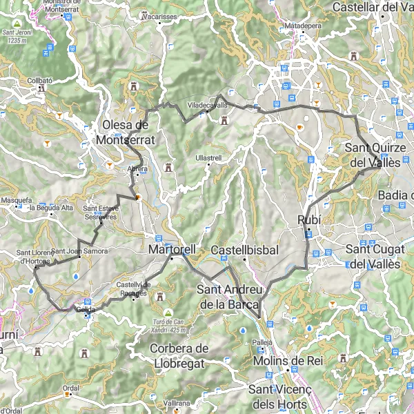 Miniatura della mappa di ispirazione al ciclismo "Giro in bicicletta strada da Sant Quirze del Vallès" nella regione di Cataluña, Spain. Generata da Tarmacs.app, pianificatore di rotte ciclistiche