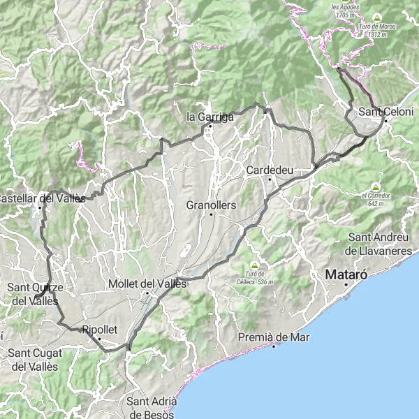 Map miniature of "Mountains and Castles Road Route" cycling inspiration in Cataluña, Spain. Generated by Tarmacs.app cycling route planner