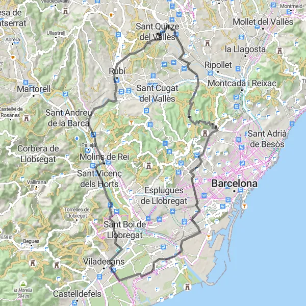 Miniatura della mappa di ispirazione al ciclismo "Giro in bicicletta strada da Sant Quirze del Vallès" nella regione di Cataluña, Spain. Generata da Tarmacs.app, pianificatore di rotte ciclistiche